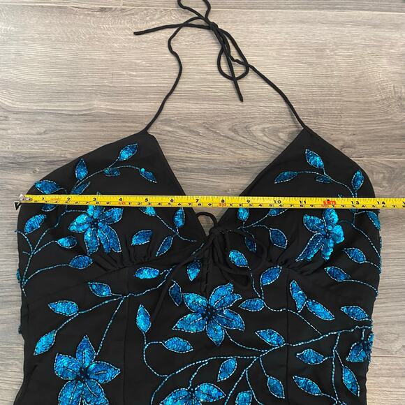 Cache Y2K Black Blue 100% Silk Beaded Floral Halter Midi Dress Women's size XS - Picture 10 of 12